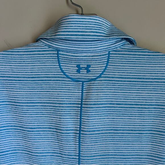 Under Armour Blue/White Striped Heat Gear Fitted Sleeveless Golf Polo Size Large - Picture 6 of 13